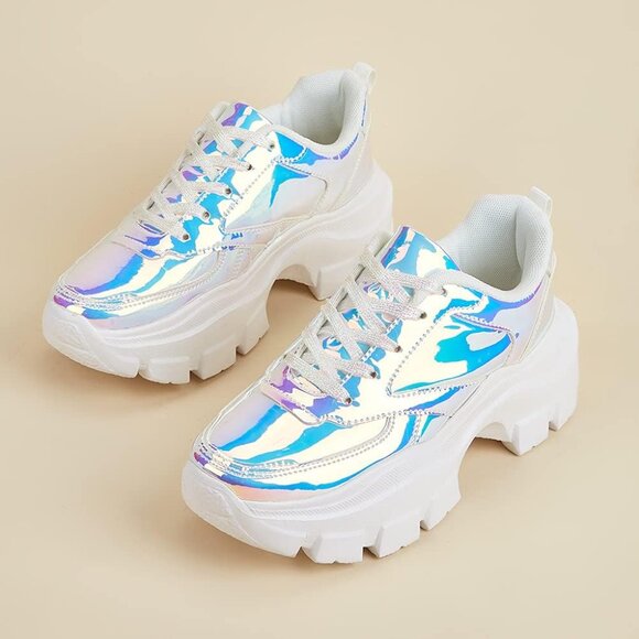 🆕 Women White Chunky Platform Sneakers Lace-Up Casual Fashion Walking Shoes - Picture 2 of 7